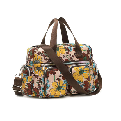 Sac à Main Femme Fleuri en Oxford, Multi-Poches & Bandoulière Beige & Jaune