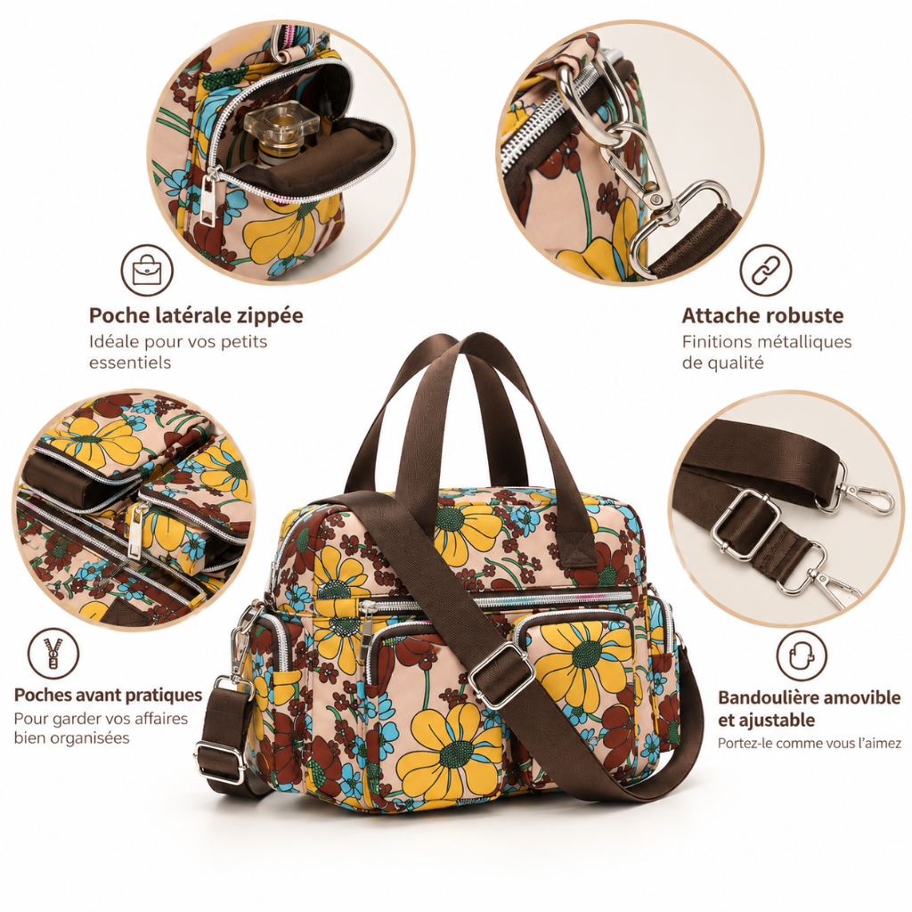 Sac à Main Femme Fleuri en Oxford, Multi-Poches & Bandoulière Info.