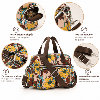 Sac à Main Femme Fleuri en Oxford, Multi-Poches & Bandoulière Info.