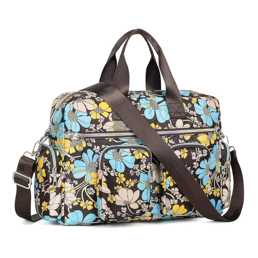 Sac à Main Femme Fleuri en Oxford, Multi-Poches & Bandoulière Marron & Bleu