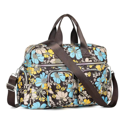 Sac à Main Femme Fleuri en Oxford, Multi-Poches & Bandoulière Marron & Bleu