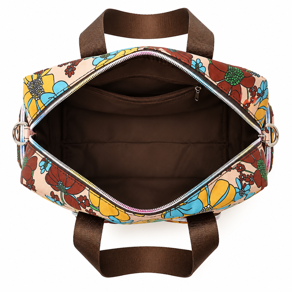 Sac à Main Femme Fleuri en Oxford, Multi-Poches & Bandoulière Ouvert