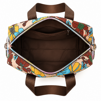 Sac à Main Femme Fleuri en Oxford, Multi-Poches & Bandoulière Ouvert