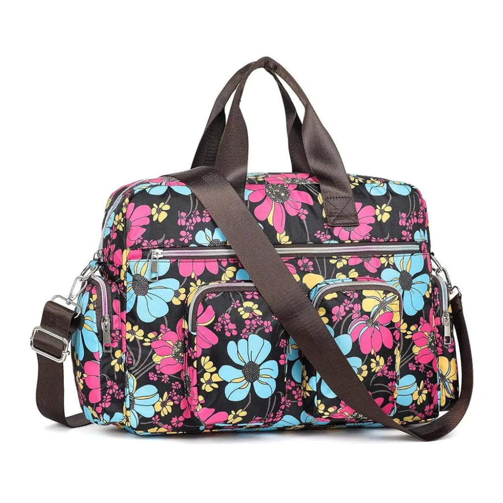 Sac à Main Femme Fleuri en Oxford, Multi-Poches & Bandoulière Rose