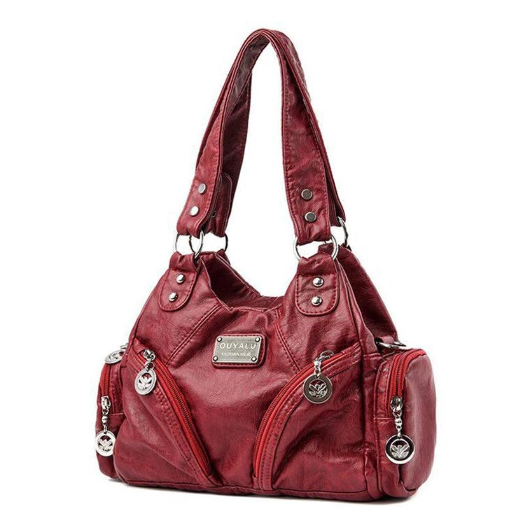 Sac à Main Femme Rétro à Rivets Métalliques – Cuir Délavé Façon Motard Bordeaux