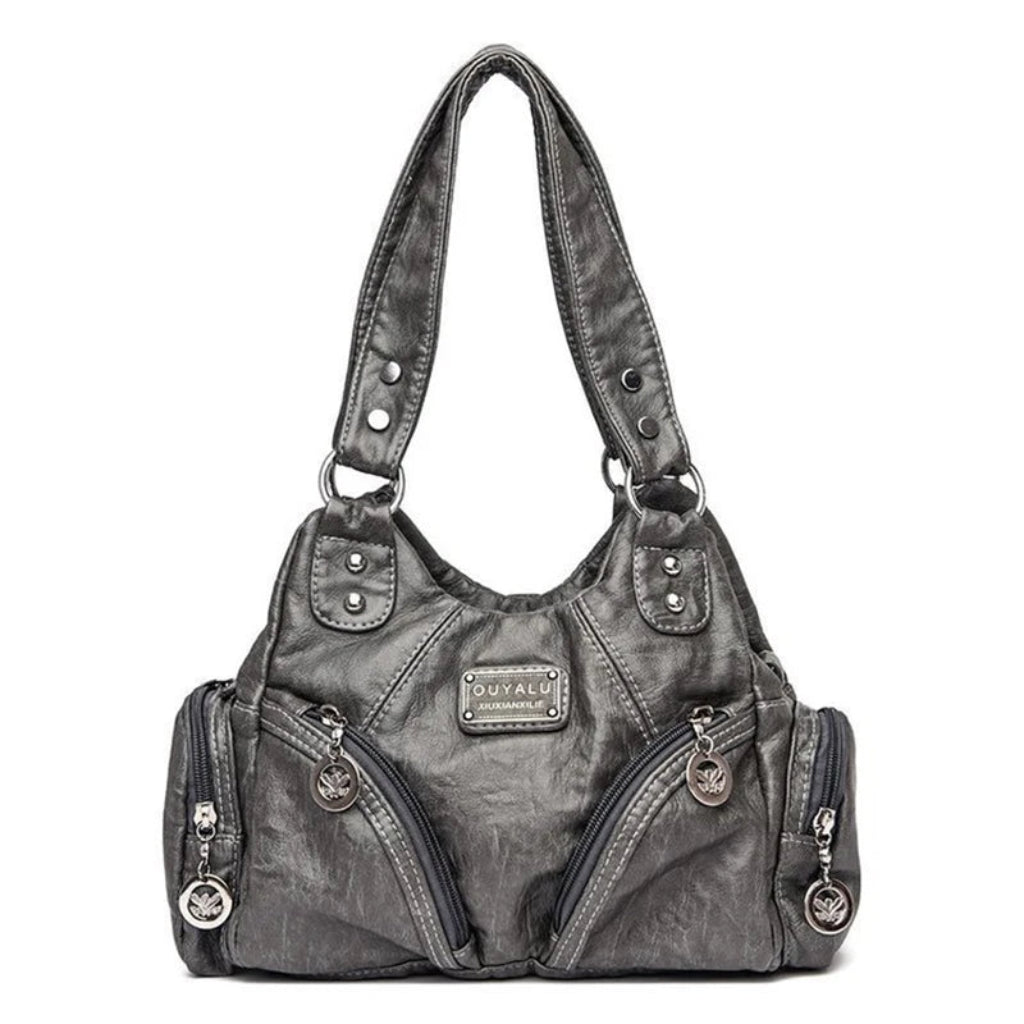 Sac à Main Femme Rétro à Rivets Métalliques – Cuir Délavé Façon Motard Gris