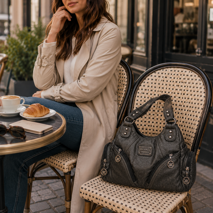 Sac à Main Femme Rétro à Rivets Métalliques – Cuir Délavé Façon Motard Gris 2 