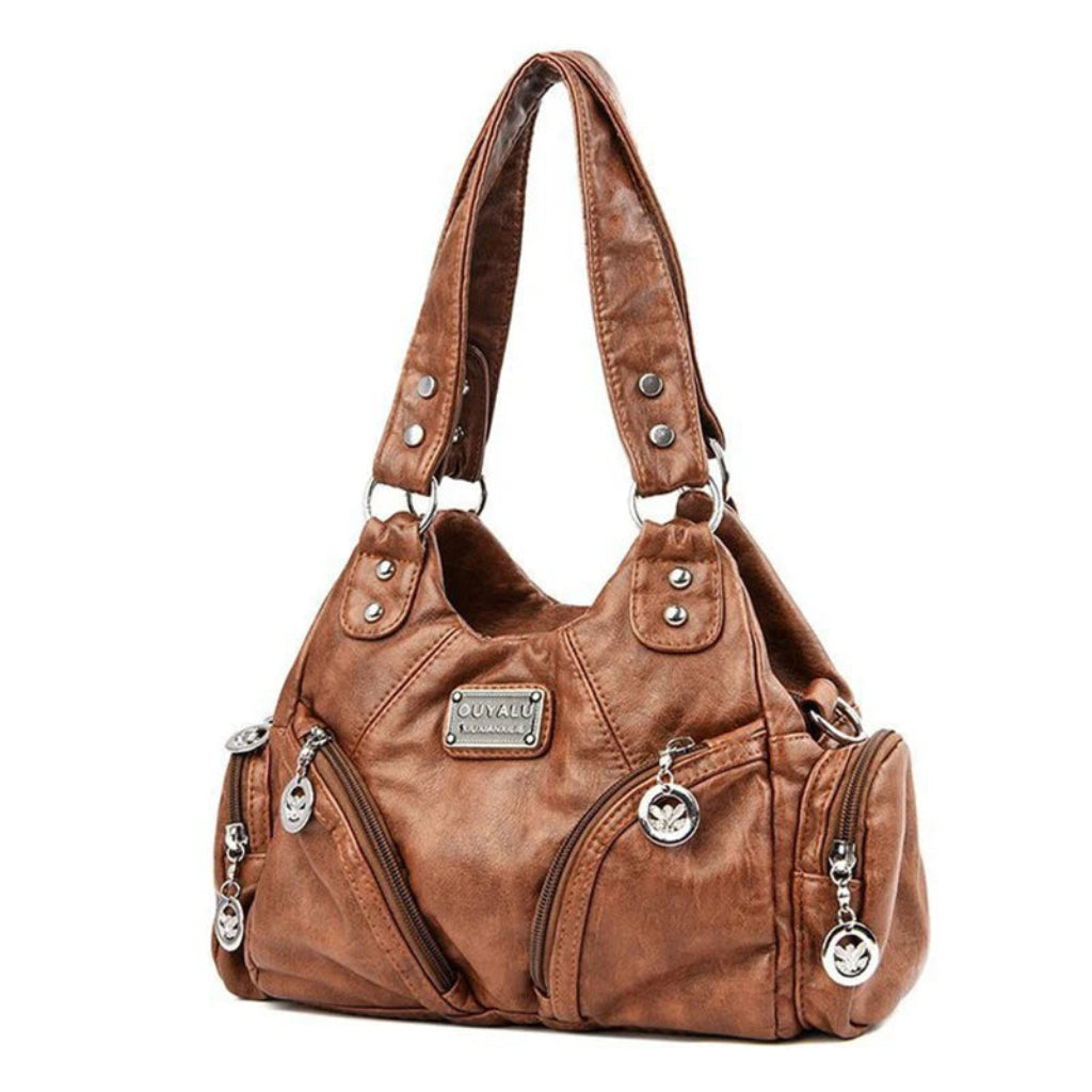 Sac à Main Femme Rétro à Rivets Métalliques – Cuir Délavé Façon Motard  Marron Clair
