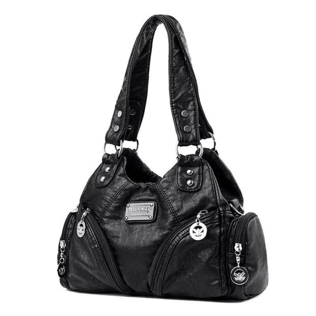Sac à Main Femme Rétro à Rivets Métalliques – Cuir Délavé Façon Motard Noird
