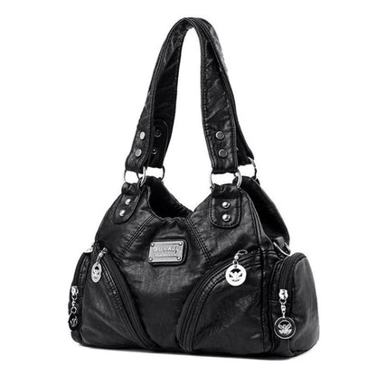 Sac à Main Femme Rétro à Rivets Métalliques – Cuir Délavé Façon Motard Noird