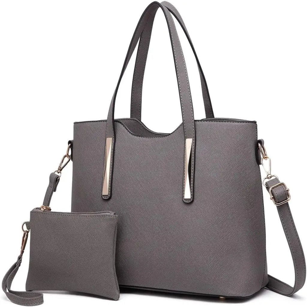 Sac à Main Femme Saffiano & Pochette, Bandoulière Amovible Gris Foncé