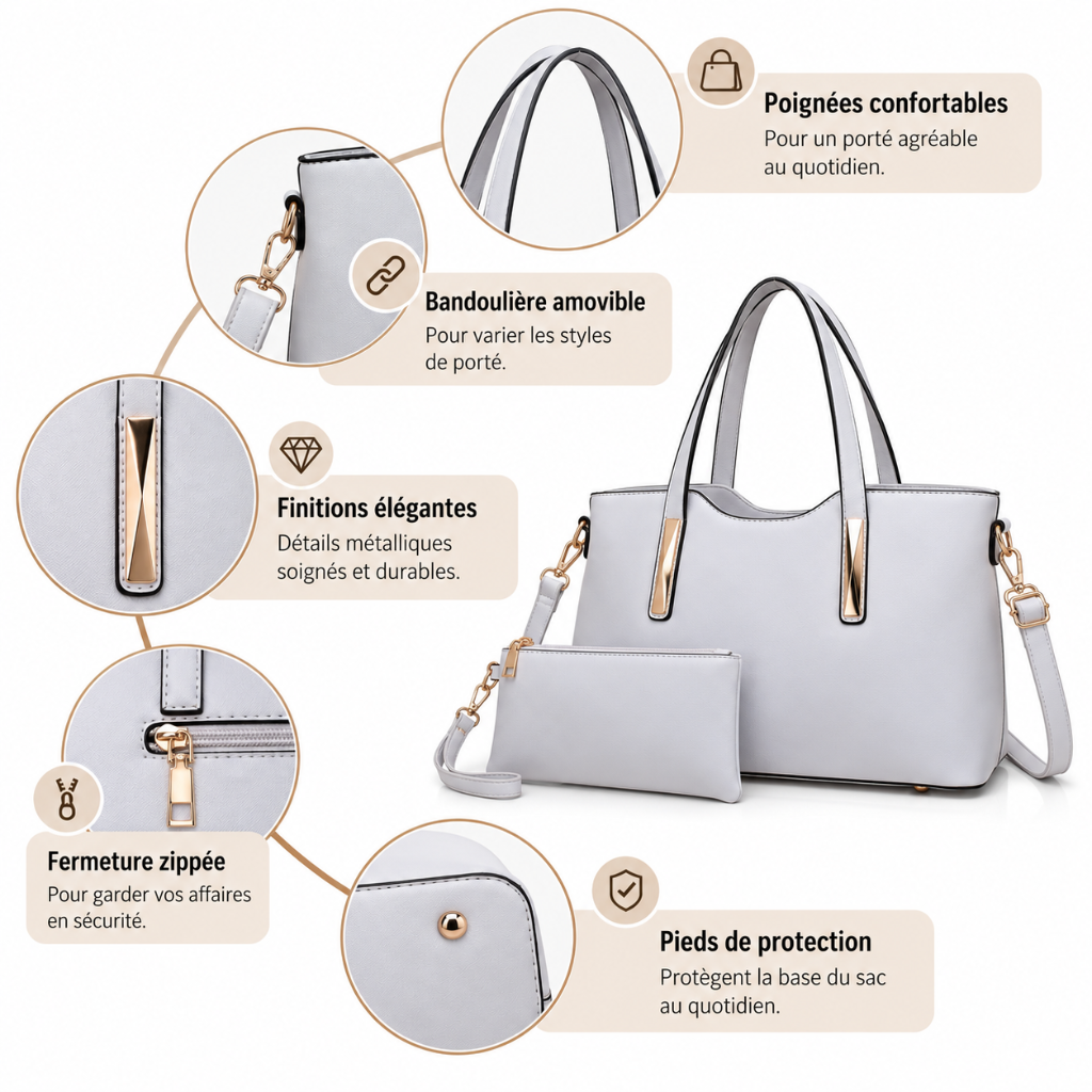 Sac à Main Femme Saffiano & Pochette, Bandoulière Amovible Info