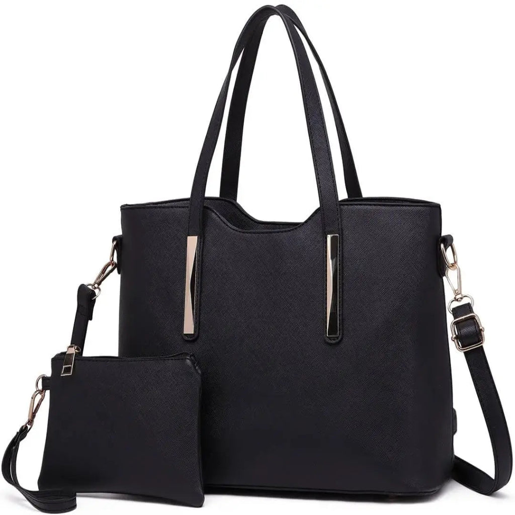 Sac à Main Femme Saffiano & Pochette, Bandoulière Amovible Noir