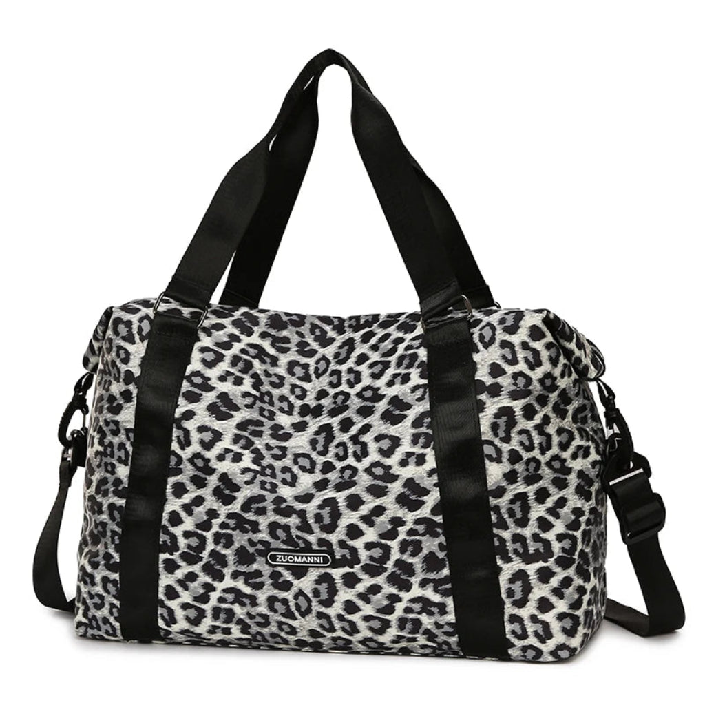 Sac de Voyage Femme Léopard Nylon, Grande Capacité, Bandoulière Léopard Blanc