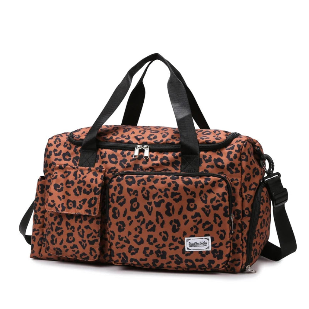 Sac de Voyage Léopard Oxford, Compartiment Chaussures & Poches  Marron