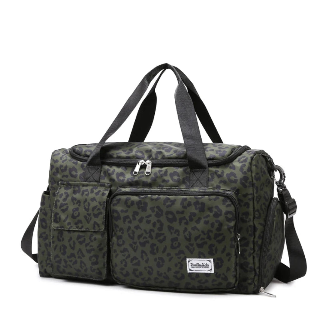 Sac de Voyage Léopard Oxford, Compartiment Chaussures & Poches Vert Foncé