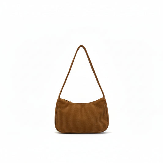Sac à Bandoulière Femme Marron – Rétro Velours Côtelé Demi-Lune