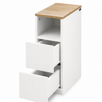 Table de Chevet Étroite 2 Tiroirs Blanc & Bois Clair ouvert