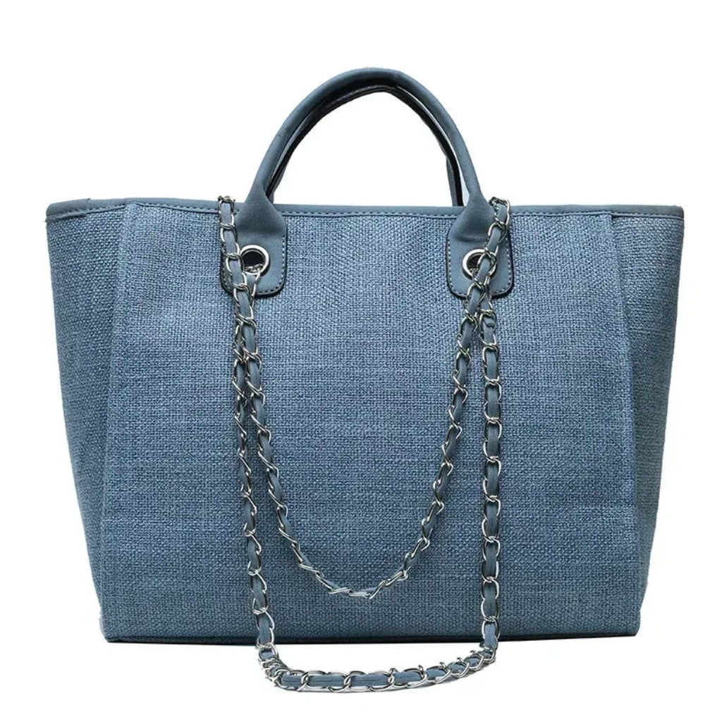 Tote Bag Femme Cabas Canvas Chaîne Argentée Grande Capacité Bleu