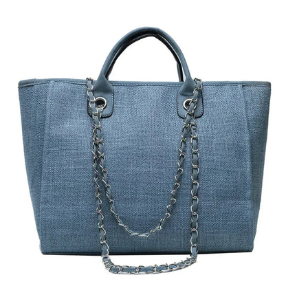 Tote Bag Femme Cabas Canvas Chaîne Argentée Grande Capacité Bleu