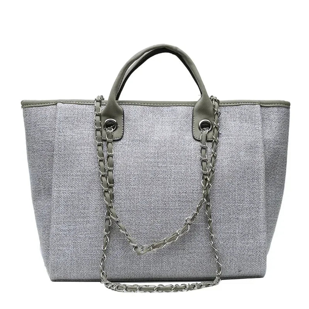 Tote Bag Femme Cabas Canvas Chaîne Argentée Grande Capacité Gris