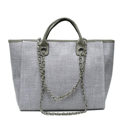Tote Bag Femme Cabas Canvas Chaîne Argentée Grande Capacité Gris