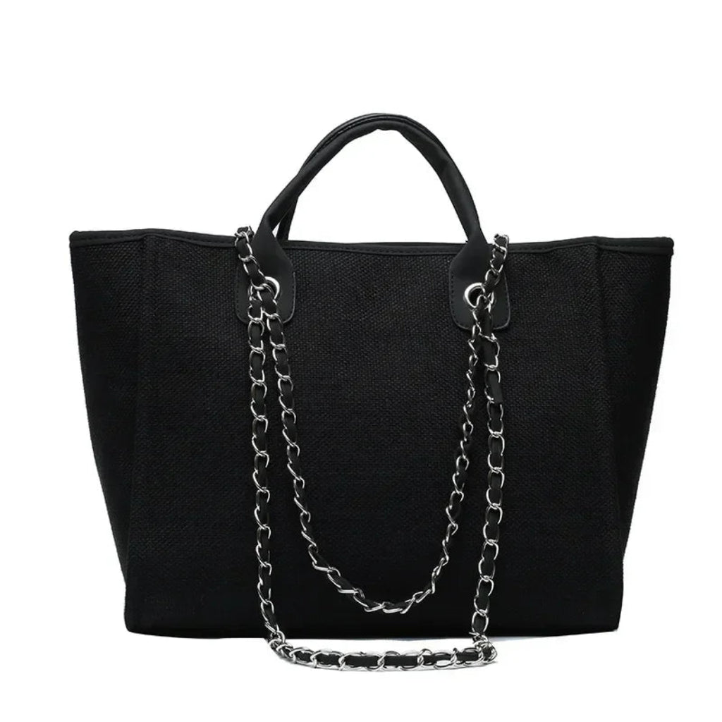 Tote Bag Femme Cabas Canvas Chaîne Argentée Grande Capacité Noir