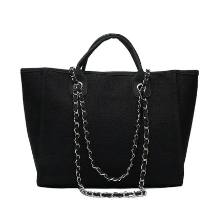 Tote Bag Femme Cabas Canvas Chaîne Argentée Grande Capacité Noir