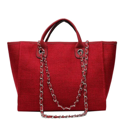 Tote Bag Femme Cabas Canvas Chaîne Argentée Grande Capacité Rouge