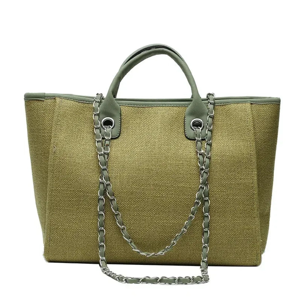 Tote Bag Femme Cabas Canvas Chaîne Argentée Grande Capacité Vert