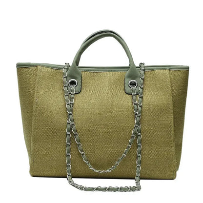 Tote Bag Femme Cabas Canvas Chaîne Argentée Grande Capacité Vert
