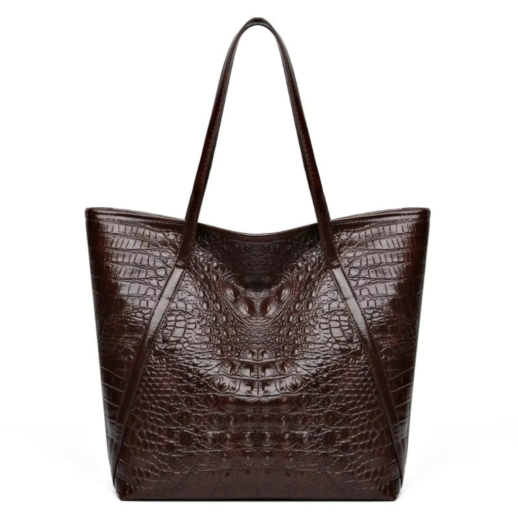 Tote Bag Femme Cabas Croco Pu Effet Cuir Vintage Grande Capacité Marron Foncé.