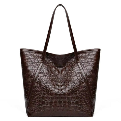 Tote Bag Femme Cabas Croco Pu Effet Cuir Vintage Grande Capacité Marron Foncé.