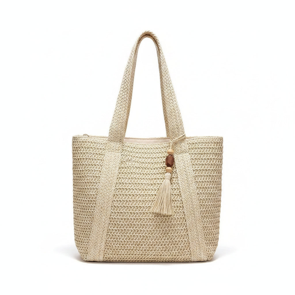 Tote Bag Femme Cabas Tressé Paille Grande Capacité Blanc Cassé