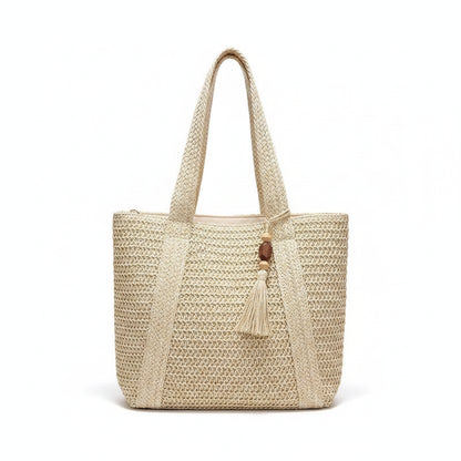 Tote Bag Femme Cabas Tressé Paille Grande Capacité Blanc Cassé