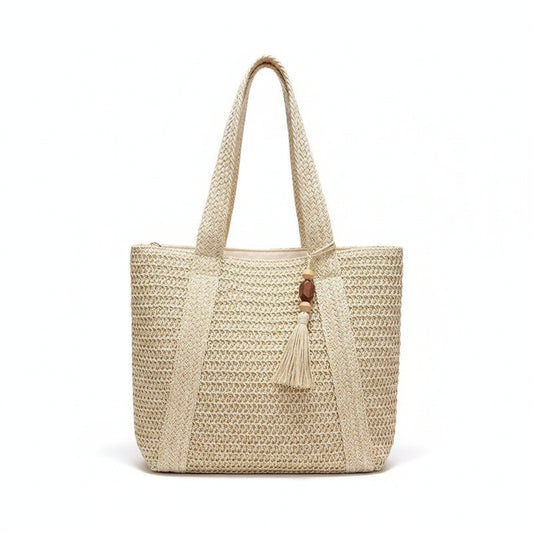 Tote Bag Femme Cabas Tressé Paille Grande Capacité Blanc Cassé