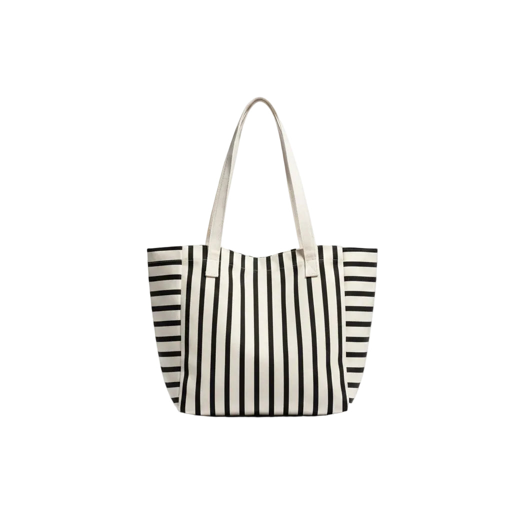 Tote Bag Femme Canvas Rayé Noir Blanc Grande Capacité