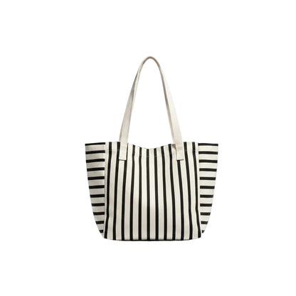 Tote Bag Femme Canvas Rayé Noir Blanc Grande Capacité