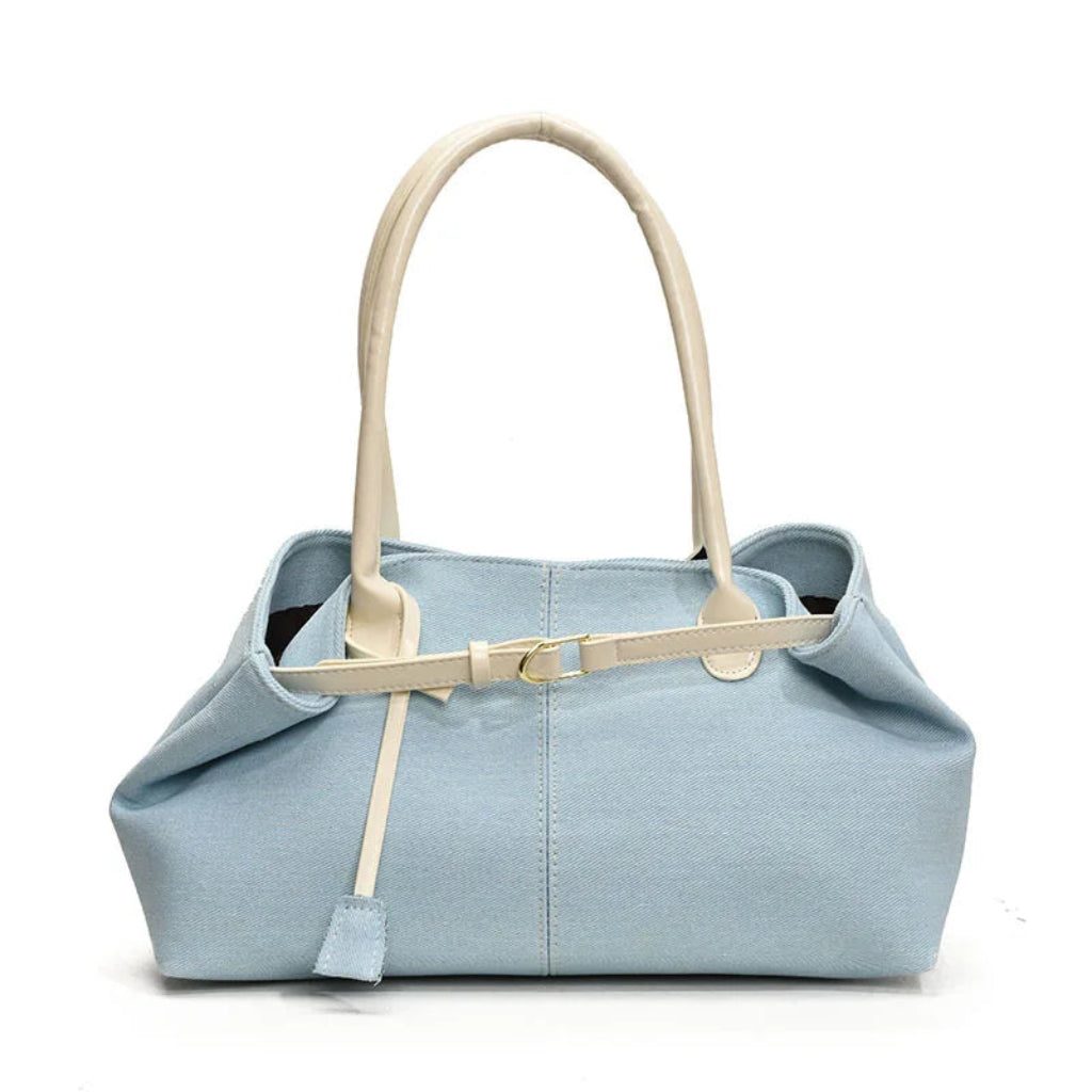 Tote Bag Femme Denim Grande Capacité Boucle Dorée Bleu Ciel et Blanc