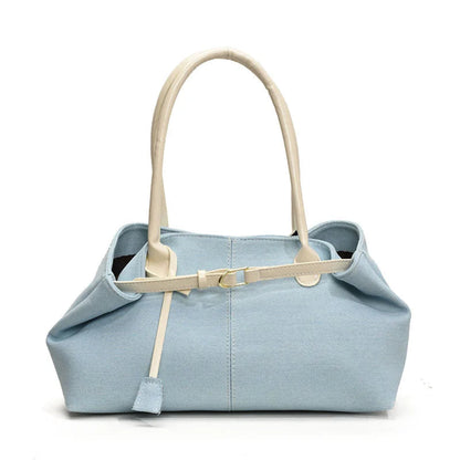 Tote Bag Femme Denim Grande Capacité Boucle Dorée Bleu Ciel et Blanc