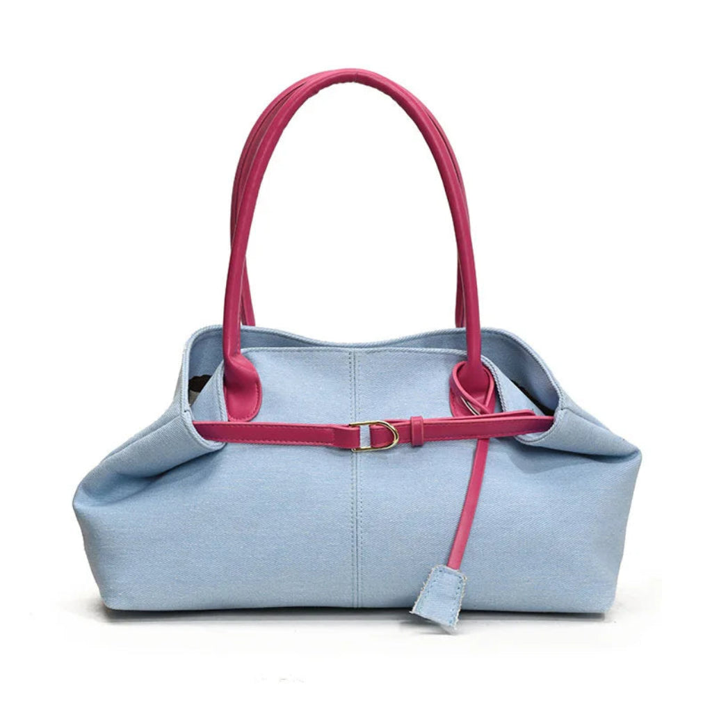 Tote Bag Femme Denim Grande Capacité Boucle Dorée Bleu Ciel et Rose