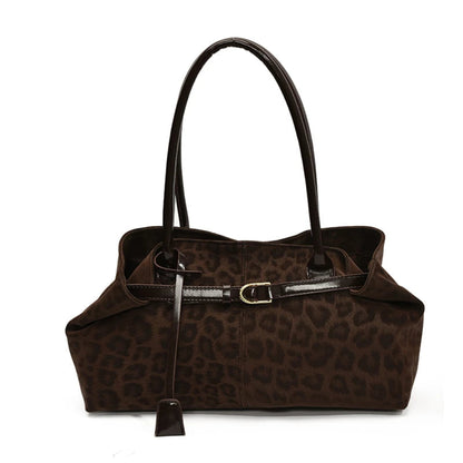 Tote Bag Femme Grande Capacité Boucle Dorée Marron Foncé Léopard