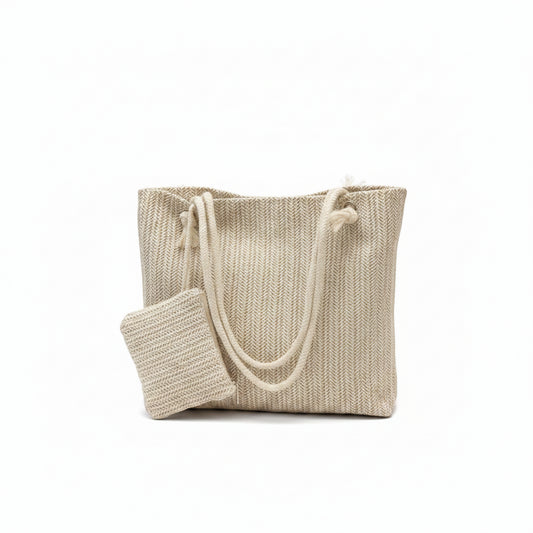 Tote Bag Femme Paille Grande Capacité Sac Plage Été Bali Casual Blanc Cassé