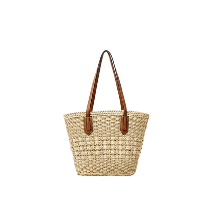 Tote Bag Femme Paille Tressée Grande Capacité Anses Similicuir Beige Crème