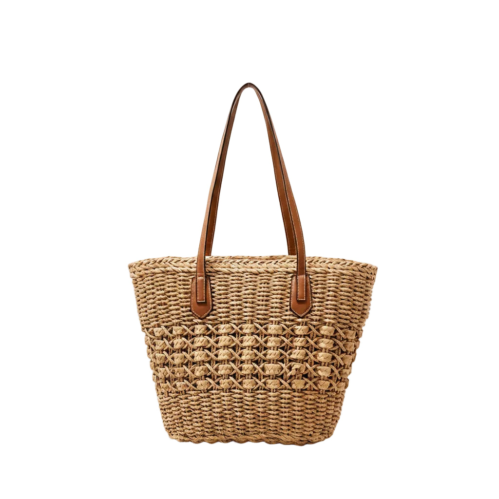 Tote Bag Femme Paille Tressée Grande Capacité Anses Similicuir Beige Sable