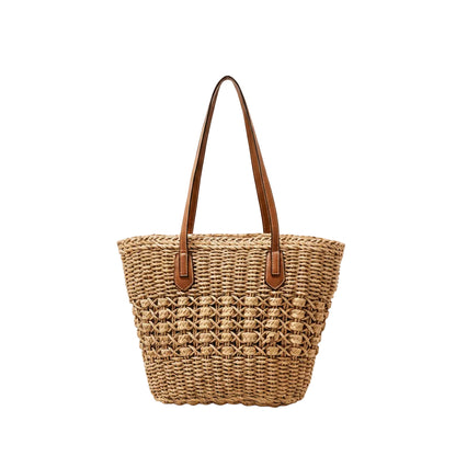 Tote Bag Femme Paille Tressée Grande Capacité Anses Similicuir Beige Sable