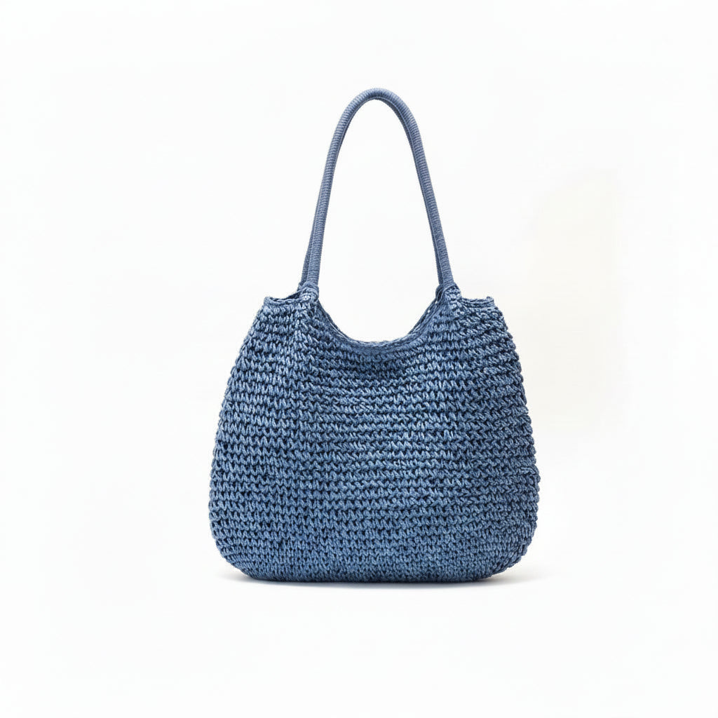 Tote Bag Femme Paille Tressée Grande Capacité Cabas Bohème Été Bleu