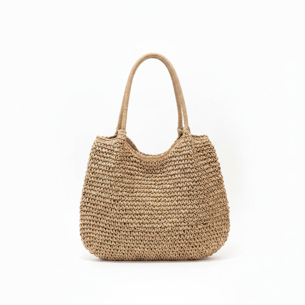Tote Bag Femme Paille Tressée Grande Capacité Cabas Bohème Été Marron Clair