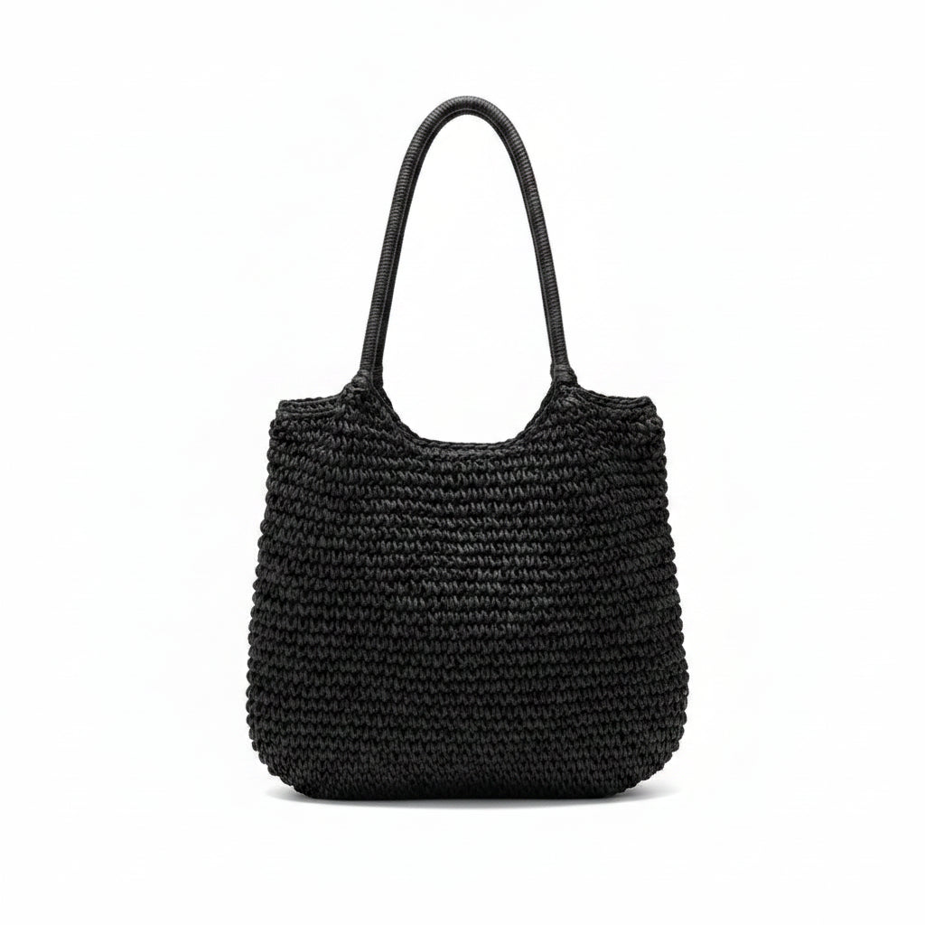 Tote Bag Femme Paille Tressée Grande Capacité Cabas Bohème Été Noir
