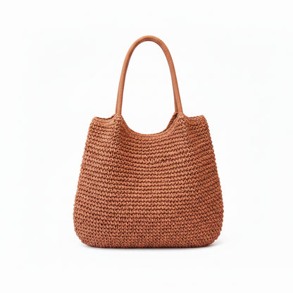 Tote Bag Femme Paille Tressée Grande Capacité Cabas Bohème Été Orange